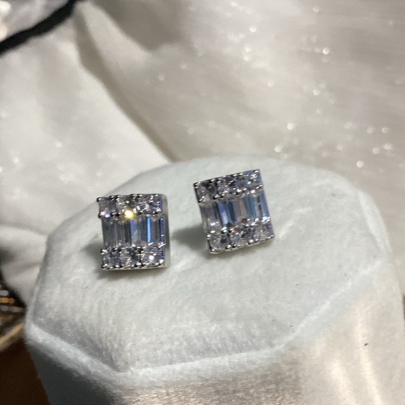 Luxurious Square Baguette & Round  cut Zircon Halo  Post back Earrings